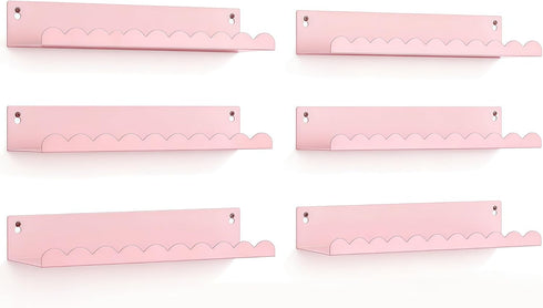 Set 6, 16 Inch Nursery Book Shelves of Pink Metal Floating Shelves for Wall, Scalloped Book Shelf for Kids Room