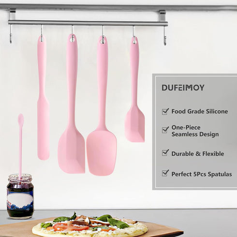 5 Piece Pink Silicone Spatula Set, Heat Resistant Rubber Utensils for Nonstick Cookware Baking
