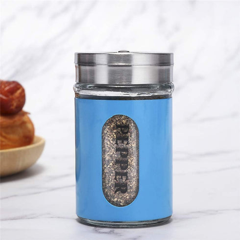 Salt and Pepper Shakers Stainless Steel and Glass Set with Adjustable Pour Holes, Blue