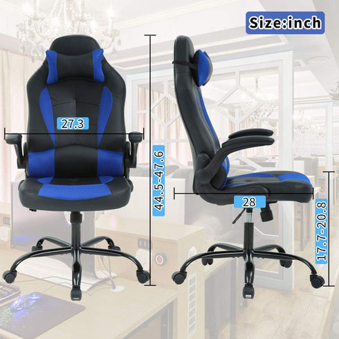 Blue Gaming Chair - Ergonomic High Back Office Desk Chair with Adjustable Lumbar Support, Flip-Up Arms & Headrest - PU