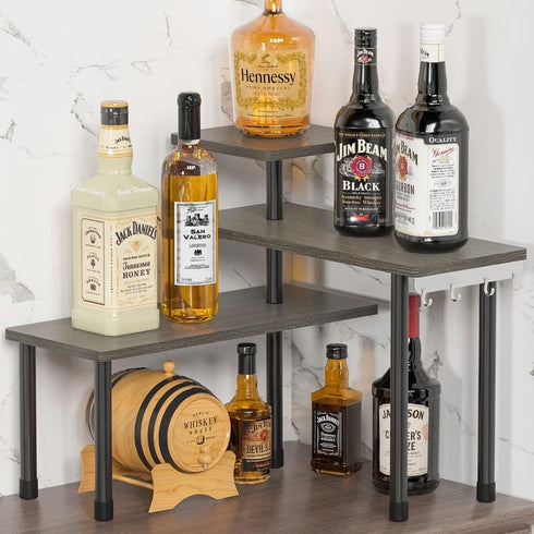 ZHWS Adjustable 3 Tier Kitchen Countertop Organizer, Rustic Grey Bathroom Counter Organizer with 4 Metal Hooks
