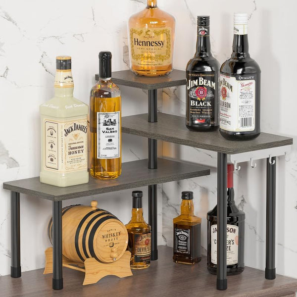 ZHWS Adjustable 3 Tier Kitchen Countertop Organizer, Rustic Grey Bathroom Counter Organizer with 4 Metal Hooks