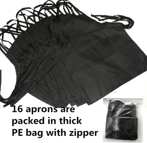 16PCS 2 Pockets(16, Total of Black Bib Aprons Bulk for Women Men-Adult Waitress Chef Cooking Kitchen Aprons with Black)