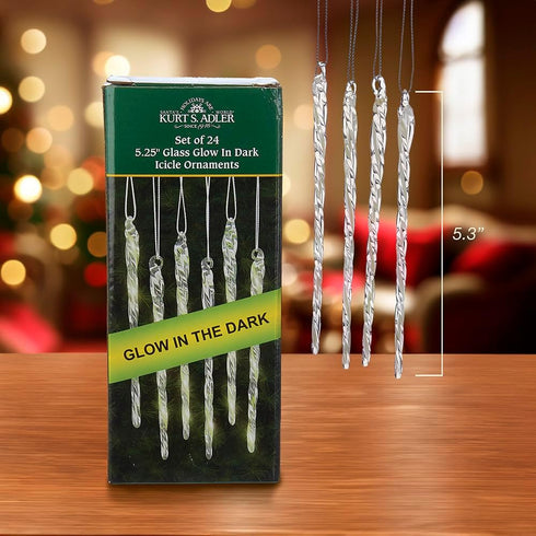 Kurt Adler 5-1/4-Inch Glass Icicle Ornament Set of 24, Glow-in-the-Dark for Christmas