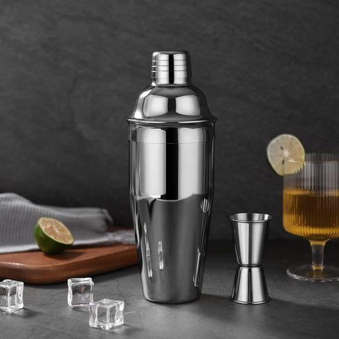 Cocktail Shaker Set, 24oz Stainless Steel Drink Shaker with Double Measuring Jigger & Built-In Strainer (Black)