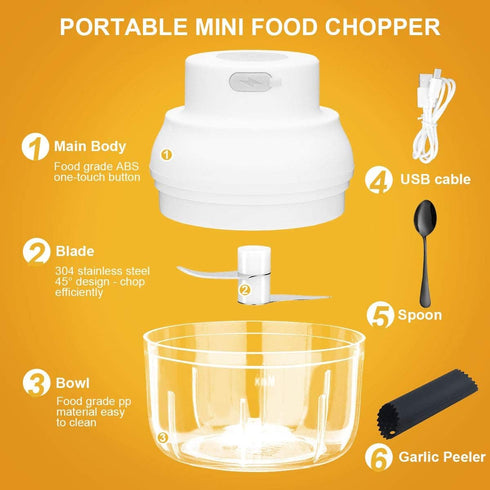 Electric Garlic Chopper Mini, 100ML/3.3FL OZ, Garlic Masher & Mincer with Peeler and Spoon, White