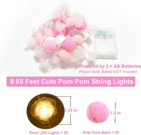 ChiRee 9.85Ft 20 20 String Lights Cute Pink Pompoms LEDs Rose Fairy Lights Garland Battey Operated with Timer Flower
