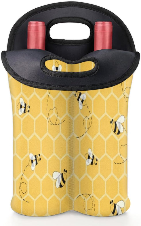 Cute Bees 2 Bottle Wine Carrier Tote Bag, Insulated Neoprene Holder for Picnics, Travel, Great Gift
