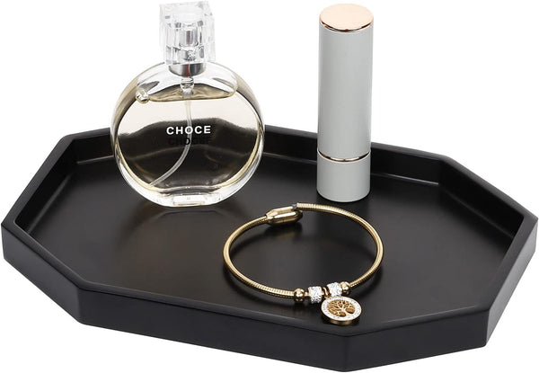 Shinowa 8" Small Octagon Bathroom Vanity Tray, Resin Decorative Perfume Tray, Jewelry Ring Dish, Black