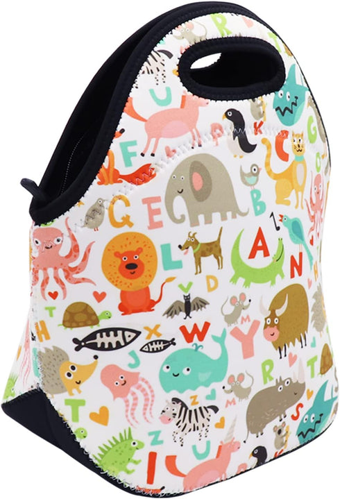 Neoprene Lunch Bag for Kids, Insulated Tote for Women, Men, Teens, Boys, Girls (Alphabet Animals)