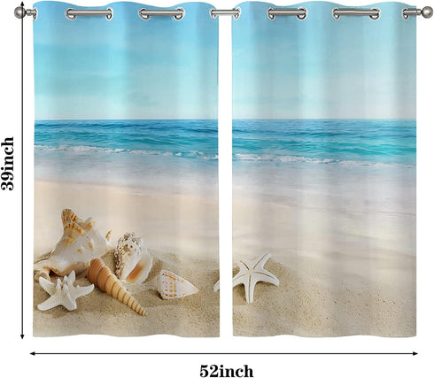 ALALAL Beach Bathroom Curtains, Summer Tropical Starfish Seashell Grommet Privacy Curtain, 2 Panels 26 x 39 Inch