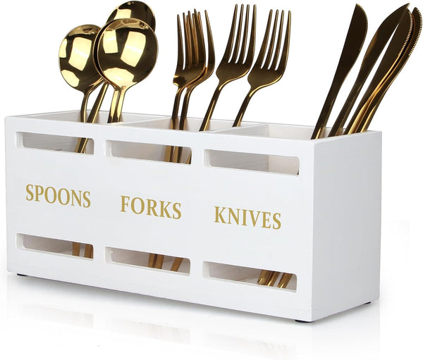 Ayiaren Wood Flatware Silverware Caddy, White Cutlery Holder for Kitchen Utensils Organizer