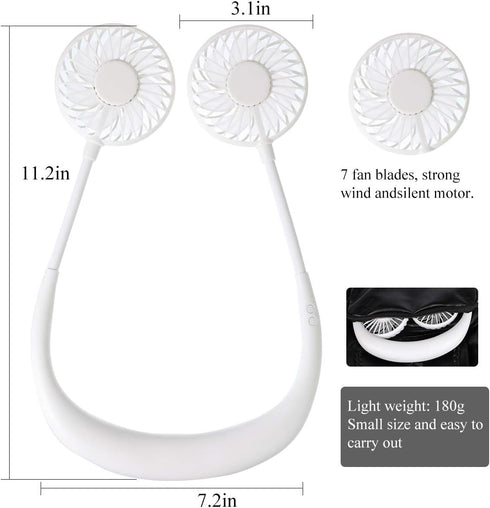 Portable Neck Fan, USB Rechargeable Fan with 3 Adjustable Speeds and LED Lights - White