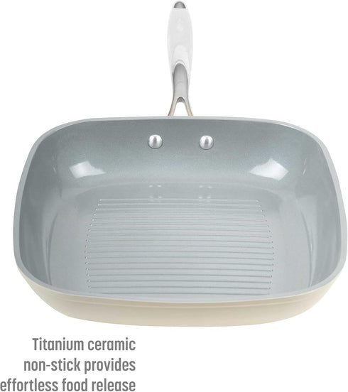 Goodful Ceramic Nonstick 11 Inch Grill Pan, Dishwasher Safe, Comfort Grip Stainless Steel Handle, Cream
