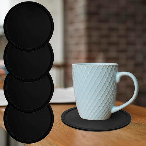 AOZUO 4pcs Silicone Drink Coasters, Non Slip Round Black Table Pads Desk Coasters Anti Stain & Heat Resistant Rubber