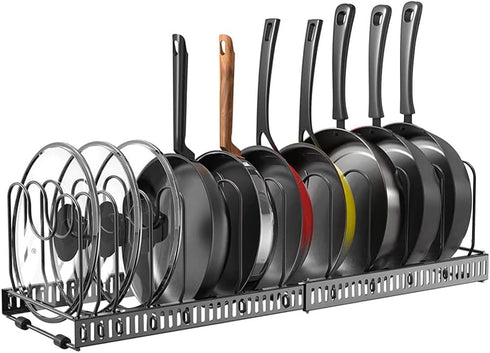 Expandable Pots and Pans Organizer, Adjustable Rack for Kitchen Countertop and Cabinet with 12 Dividers