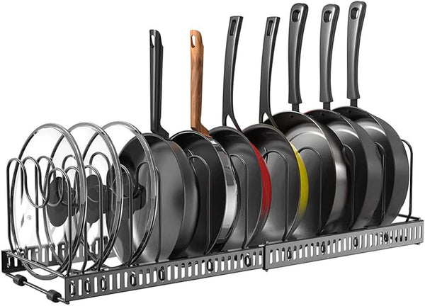 Expandable Pots and Pans Organizer, Adjustable Rack for Kitchen Countertop and Cabinet with 12 Dividers