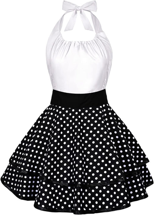 Violet Mist Cute Vintage Apron for Women, White Polka Dots Retro French Maid Cooking Kitchen Apron, Adjustable Gift
