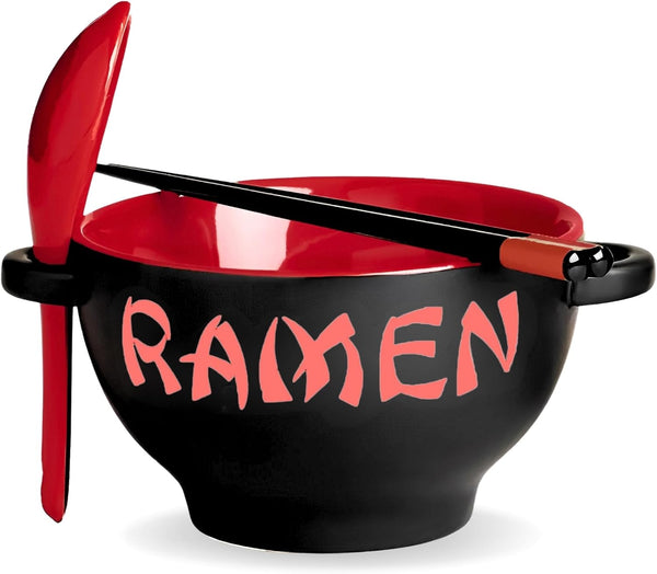 Ramen Bowl Set with Chopsticks and Spoon, 18 Ounce Red Microwavable Ceramic Ramen Bowl Set for Noodles and Pho