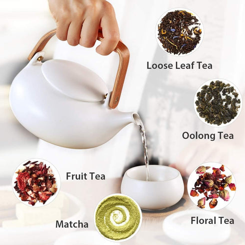 2cup 800ml ZENS Teapot with Infuser, Ceramic Japanese Teapot for Loose Leaf Tea, Small Matte White Porcelain Tea Pot