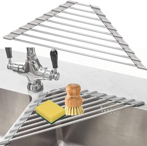 Triangle Dish Drying Rack, Multipurpose Roll-up Drying Rack for Sink Corner, Stainless Steel Dish Drainer Mat (Grey)
