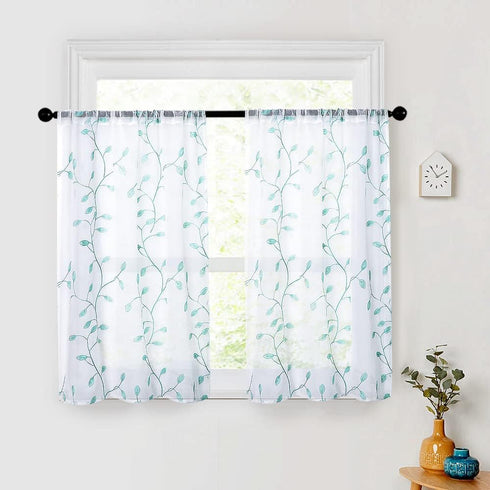 MRTREES Sheer Tier Curtains, Christmas Kitchen Tiers Rod Pocket, Leaf Embroidery Bathroom Curtain Panels, Aqua Blue