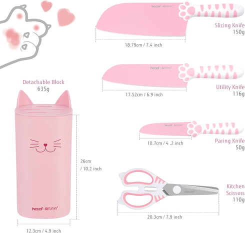 hecef Cute Kitchen Knife Set, 5-Piece Non-Stick Knives Set with Detachable Block and Scissors, Pink