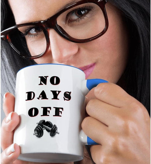 3dRose No Days Off. Gym, Workout - Two Tone Blue Mug, 11oz