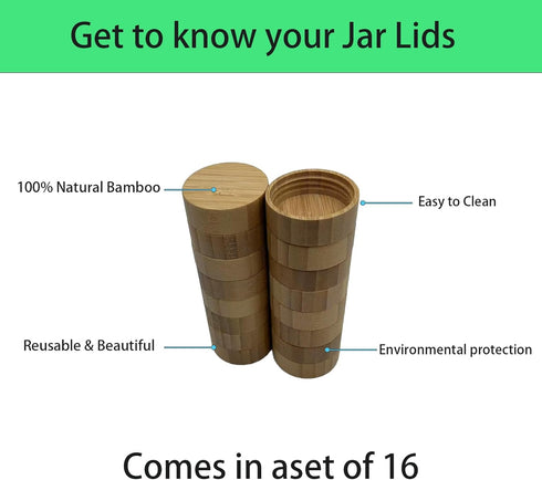 Spice Jar Lids for 4 Oz and 8 Oz Square Spice Jars - Bamboo Jar Lids for Kitchen Organization (16 Pcs)