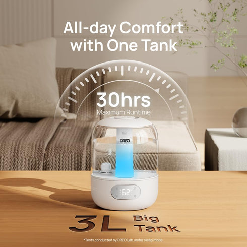 3L 30H 26dB DREO Humidifiers for Bedroom, Top Fill & Quiet Runtime for Large Room, Cool Mist Ultrasonic Humidifier