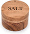 Acacia Wood Round Condiment Pot with Magnetic Swivel Lids, "Salt" Engraved for Kitchen Countertop, 3.5” x 3.5” x 2.5”