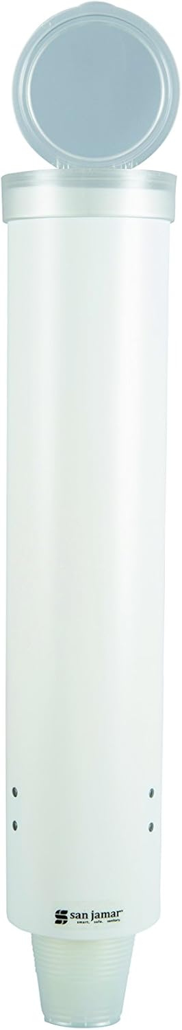 San Jamar Medium Cup Dispenser for 4-10 Oz. Cups, White Plastic, 16 Inches, Flip Cap for Restaurants