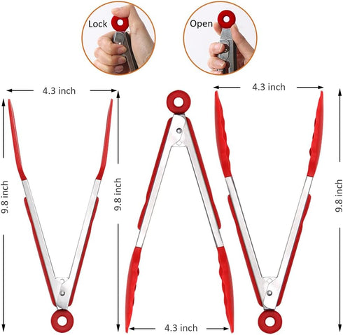 9 Inch Small Kitchen Tongs Set of 3, Silicone Cooking Tongs with Silicone Tips and Stainless Steel Handle, Silicone Tongs for Cooking, Serving(Red)