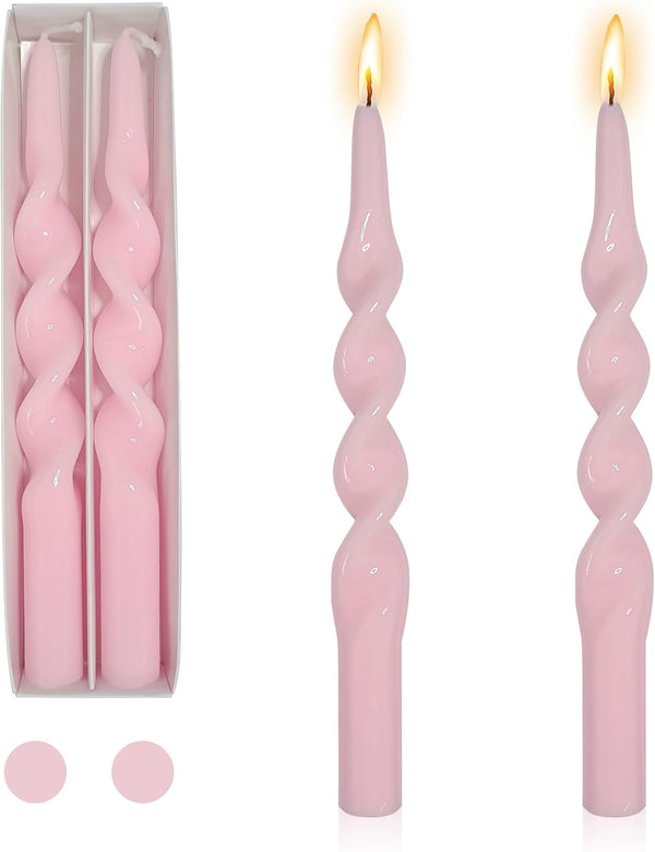 Set of 2 Pink Spiral Taper Candlesticks, 10 Inch Unscented Twisted Candle Sticks for Home Decoration Holiday Wedding