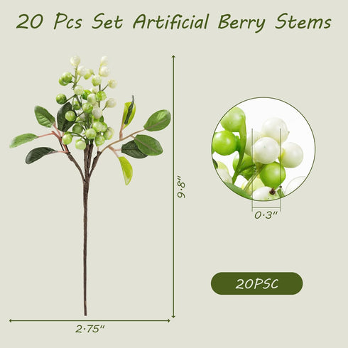 20 Pack 9.8 inch SHACOS Artificial White Berry Stems PCS Fake Berries Branches Spray with Green Leaves Small Berry