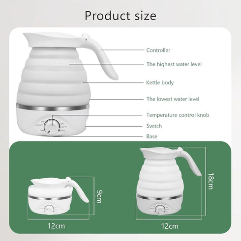 Portable Travel Foldable Electric Kettle, 850W Fast Boiling, Food Grade Silicone, 700ml, 110V, White
