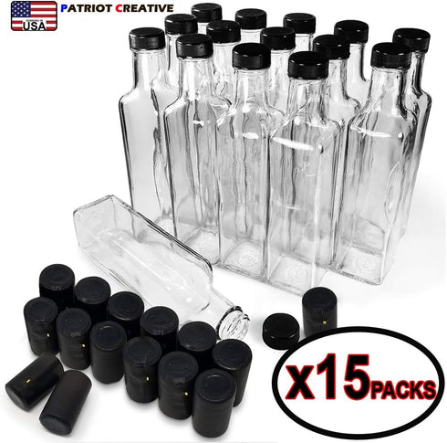 Quadra Bottles 8.5 Oz - 15 Sets of Premium Glass Square Bottles with Leak Proof Airtight Caps, Black
