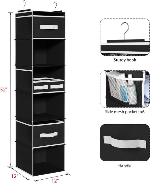 Univivi Hanging Closet Organizer with 6 Shelves, 4 Removable Drawers & 6 Side Pockets, Foldable Wardrobe Storage