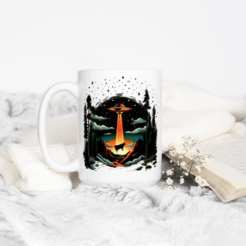 UFO Alien Cow Abduction Coffee Mug, Funny Paranormal Gifts, 15oz