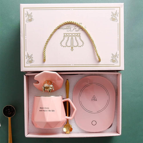 CGHWBEA Pink Coffee Warmer with Mug Set, Electric Beverage Warmer for Desk, Drink Warmer for Cocoa, Tea, Milk