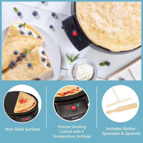 12" Non-Stick Electric Griddle & Crepe Maker, Dual Use Hot Plate with Batter Spreader