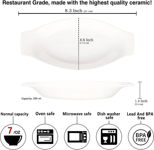 Ceramic Oval Au Gratin Baking Dishes 7 oz, Set of 4 Banana Split Bowls, Oven and Microwave Safe, for 1 person servings, Bakeware with Double Handle for Kitchen and Home,8.3 Inch