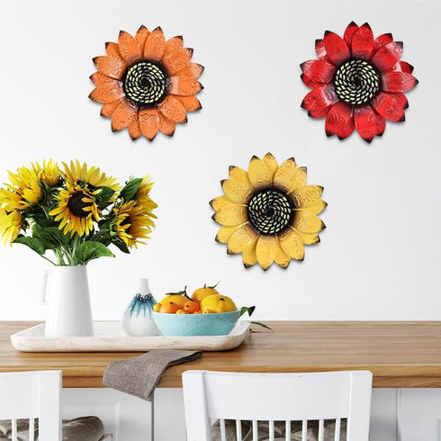 YEAHOME Sunflower Wall Decor - 9 inch Metal Flower Art Decorations, Set of 3 Handmade Hanging for Home, Indoor or