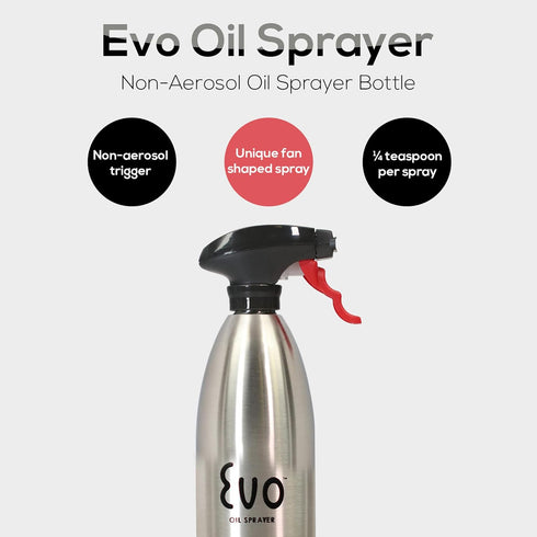 Evo 18/8 Stainless Steel Oil Sprayer, 16-Ounce Capacity, Non-Aerosol for Olive Oil, Cooking Oils, and Vinegars, Silver