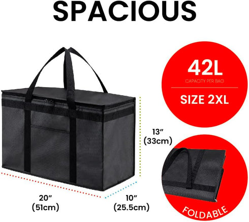 XXL Insulated Cooler Bag and Food Warmer for Delivery & Grocery Shopping, Zippered Top, Black (1 pack)