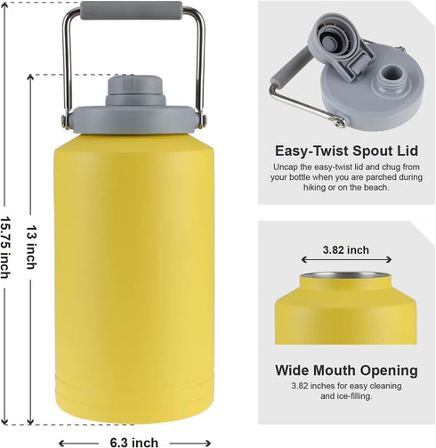 TAHOE TRAILS 1 Gallon Vacuum Insulated Water Bottle, Stainless Steel Double Walled Jug, Yellow