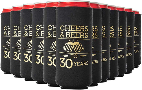 Cheers and Beers to 30 Years Can Coolers, Set of 12 - Black and Gold 30th Birthday Party Decorations for Men and Women