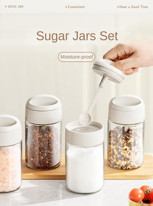 Spice jars 2 Piece, with airtight Lid and Spoon Glass Condiment Pot,8.8oz sugar and salt container,for Kitchen Counter Keeping Sugar,Salts,Spice,Sauce by DAHUITX