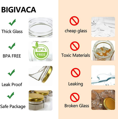 3 oz 30 Pack BIGIVACA Mini Honey Jars - Hexagon Glass Jars with Wood Dippers, Gold Lids, Bee Pendants, Jutes, Stickers