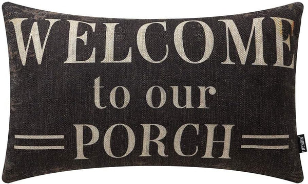 TRENDIN Decorative Throw Pillow Cover 20x12 inch Rustic Look Black Welcome to Our Porch Cushion Case